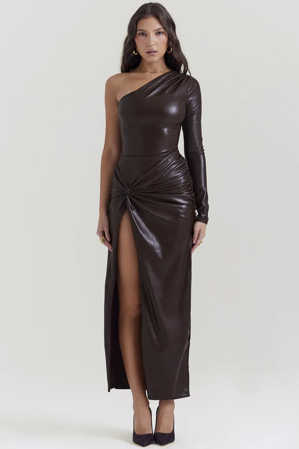 Octavia Cocoa Vegan Leather Maxi Dress