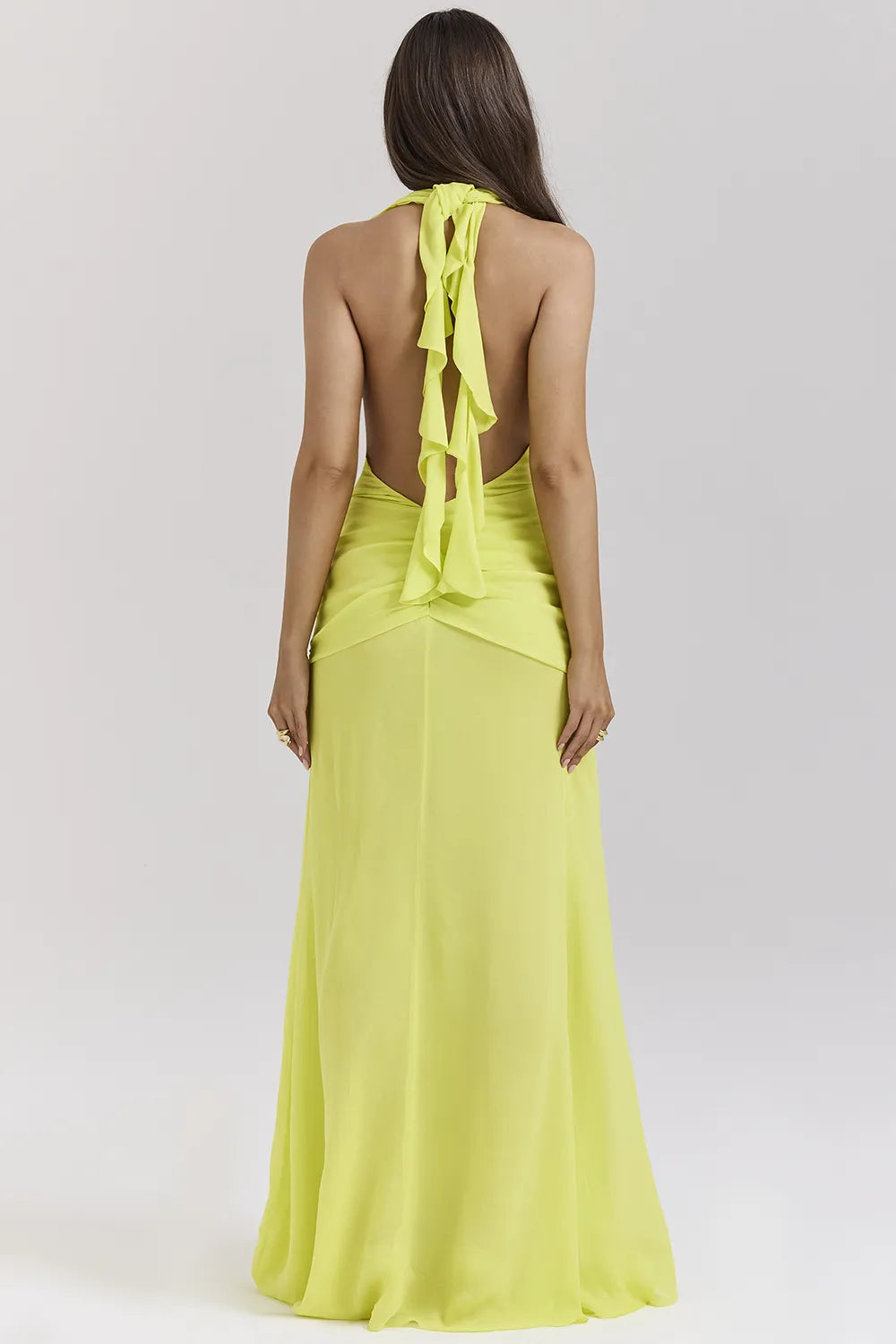 Olessia Acid Lime Backless Halter Maxi Dress
