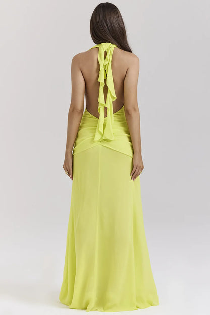 Olessia Acid Lime Backless Halter Maxi Dress