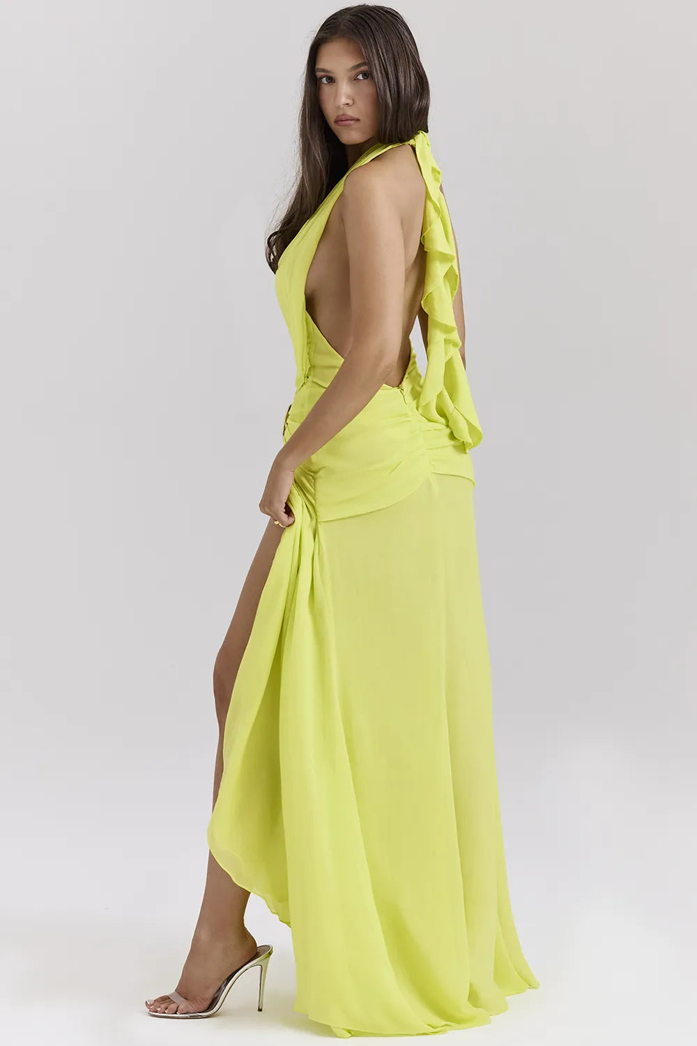 Olessia Acid Lime Backless Halter Maxi Dress