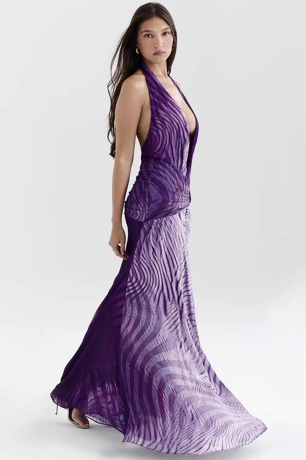 Olessia Orchid Backless Halter Maxi Dress
