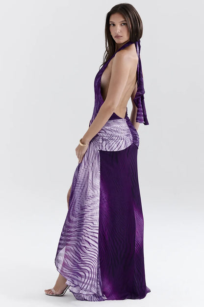 Olessia Orchid Backless Halter Maxi Dress