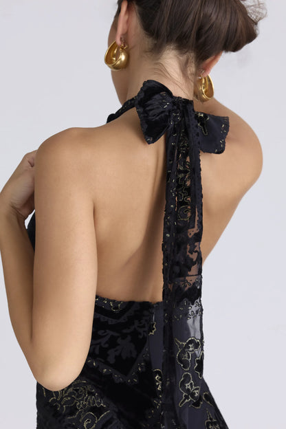 Oliviana Black & Gold Devore Velvet Maxi Gown