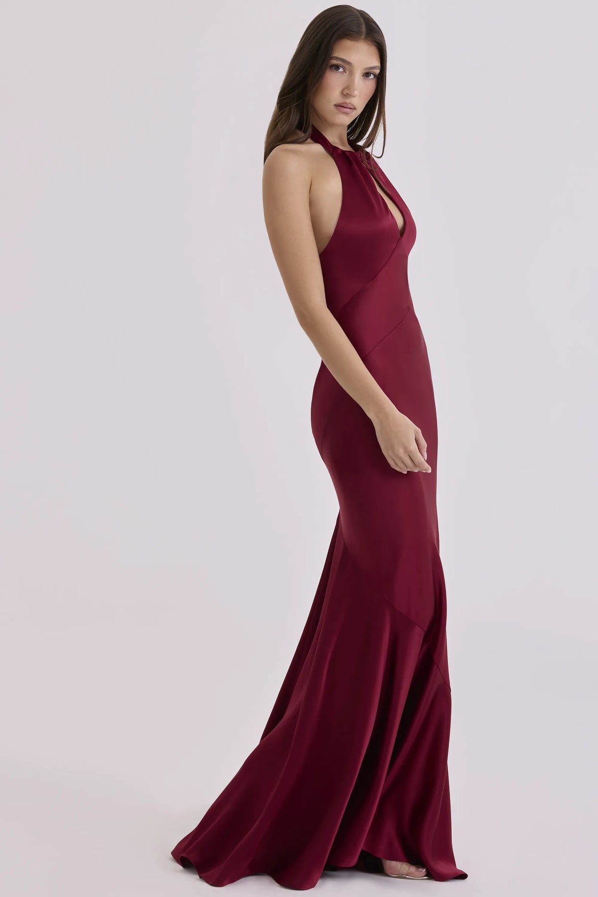 Oliviana Wine Satin Halter Maxi Dress