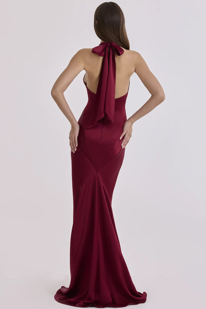 Oliviana Wine Satin Halter Maxi Dress