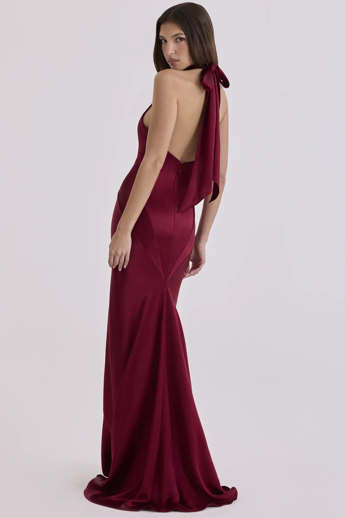 Oliviana Wine Satin Halter Maxi Dress