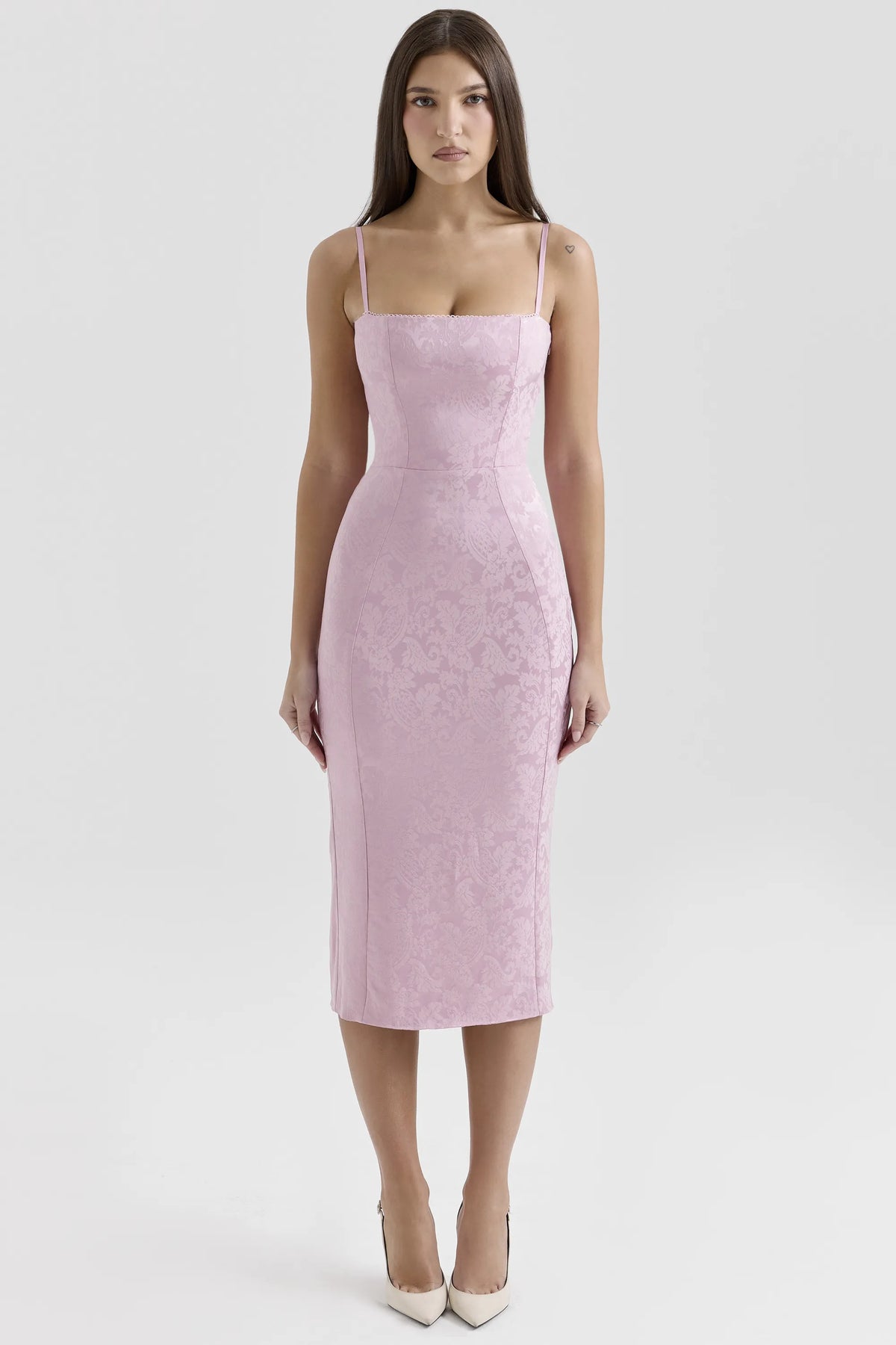 Ophelle Pink Jacquard Lace Up Bodycon Midi Dress