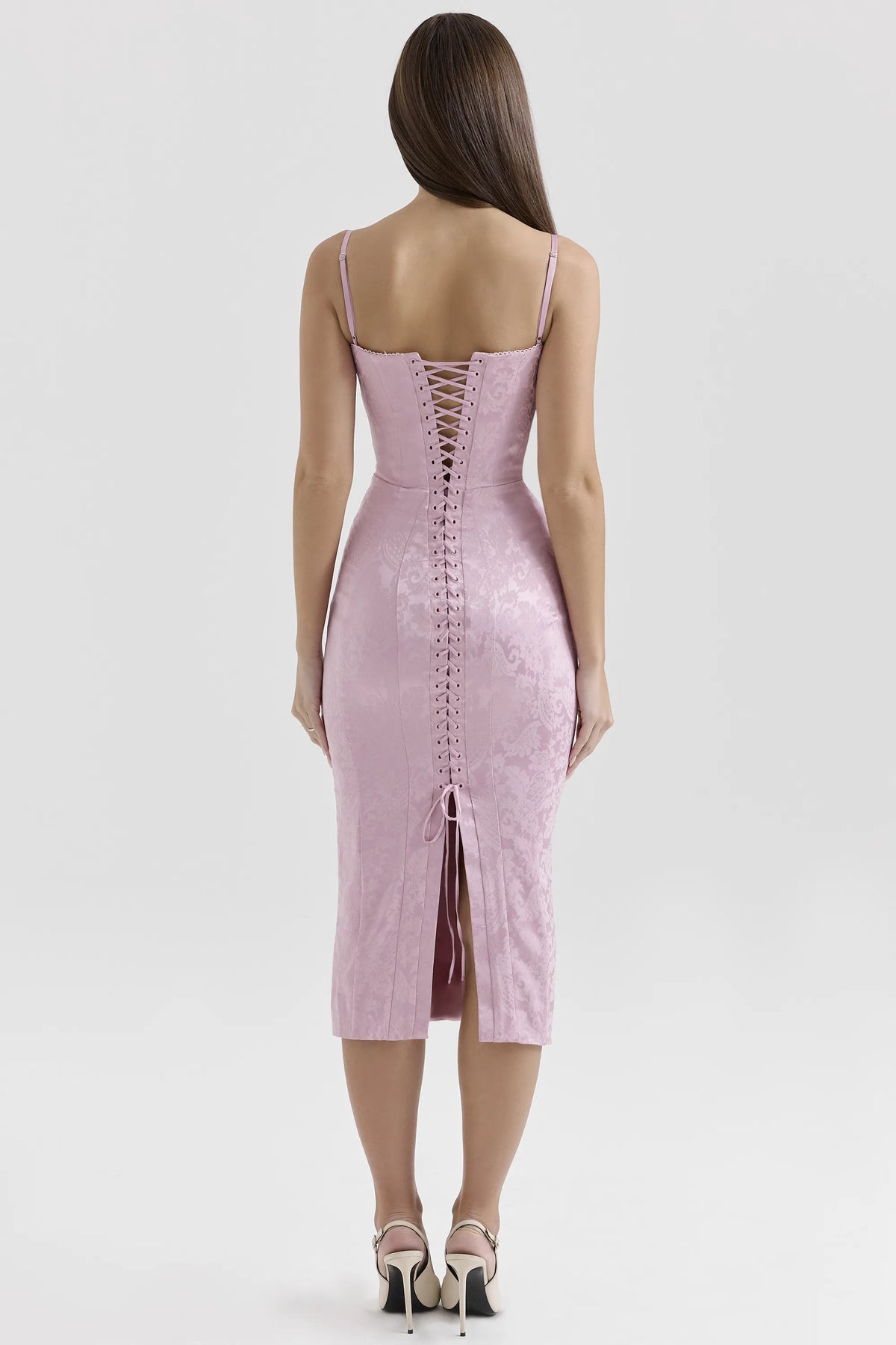 Ophelle Pink Jacquard Lace Up Bodycon Midi Dress