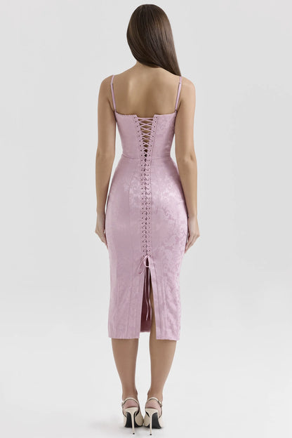 Ophelle Pink Jacquard Lace Up Bodycon Midi Dress
