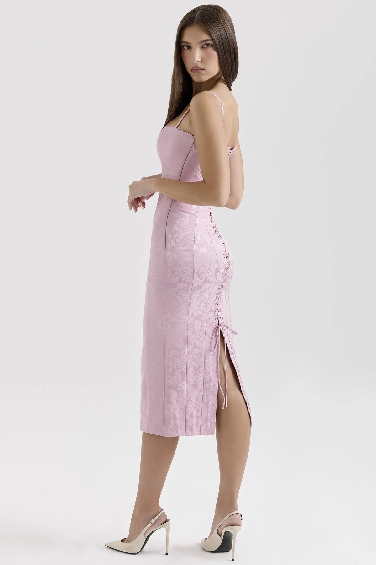 Ophelle Pink Jacquard Lace Up Bodycon Midi Dress