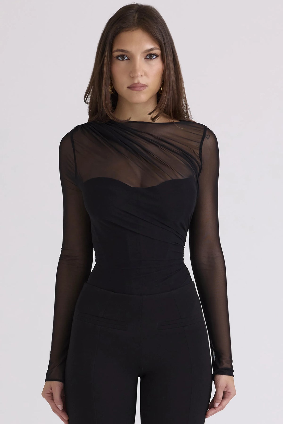 Orelia Black Draped Mesh Bodysuit