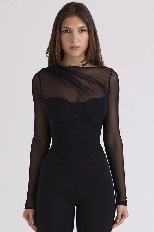Orelia Black Draped Mesh Bodysuit