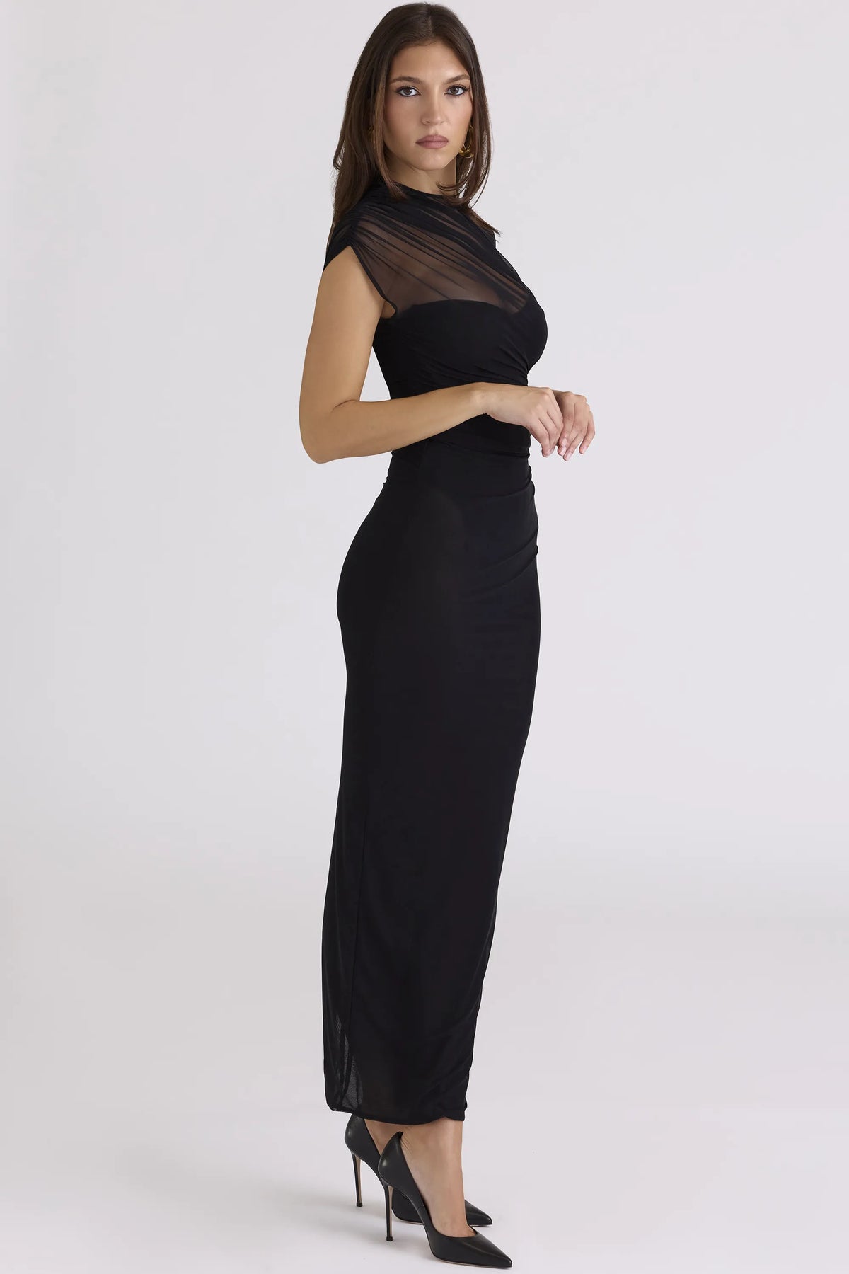 Orelia Black Draped Mesh Maxi Dress