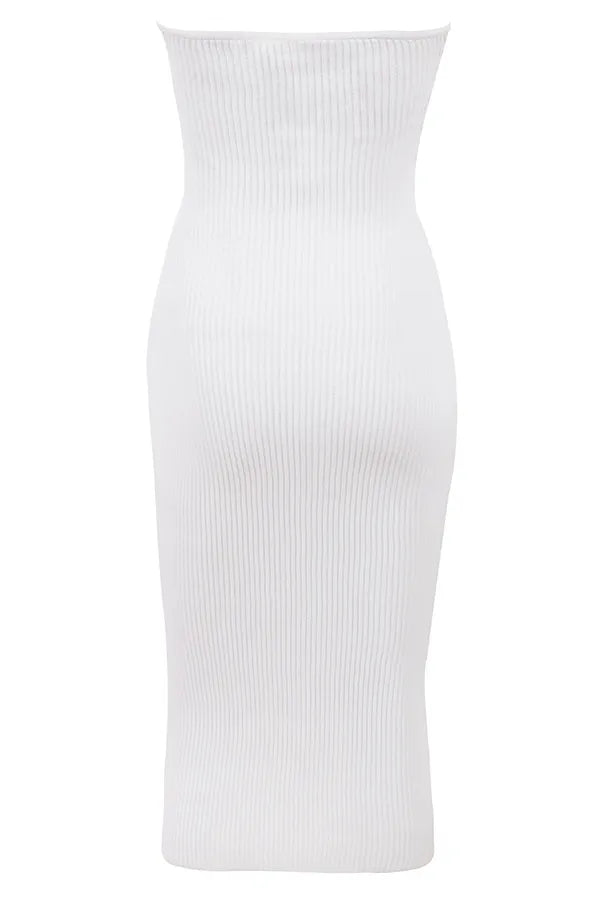 Oriana White Ribbed Knit Strapless Midi Dress