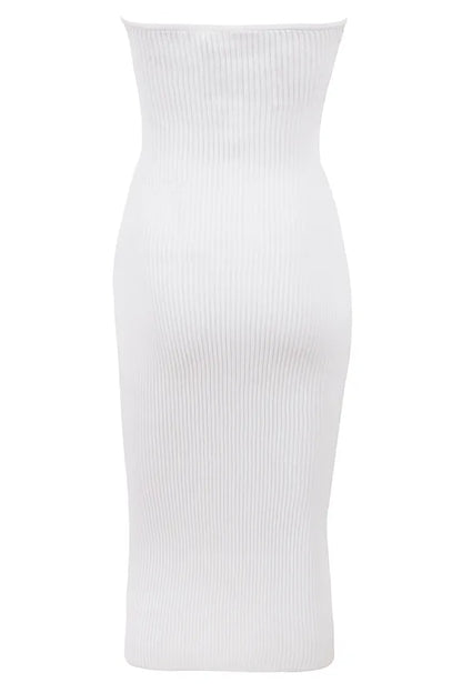Oriana White Ribbed Knit Strapless Midi Dress