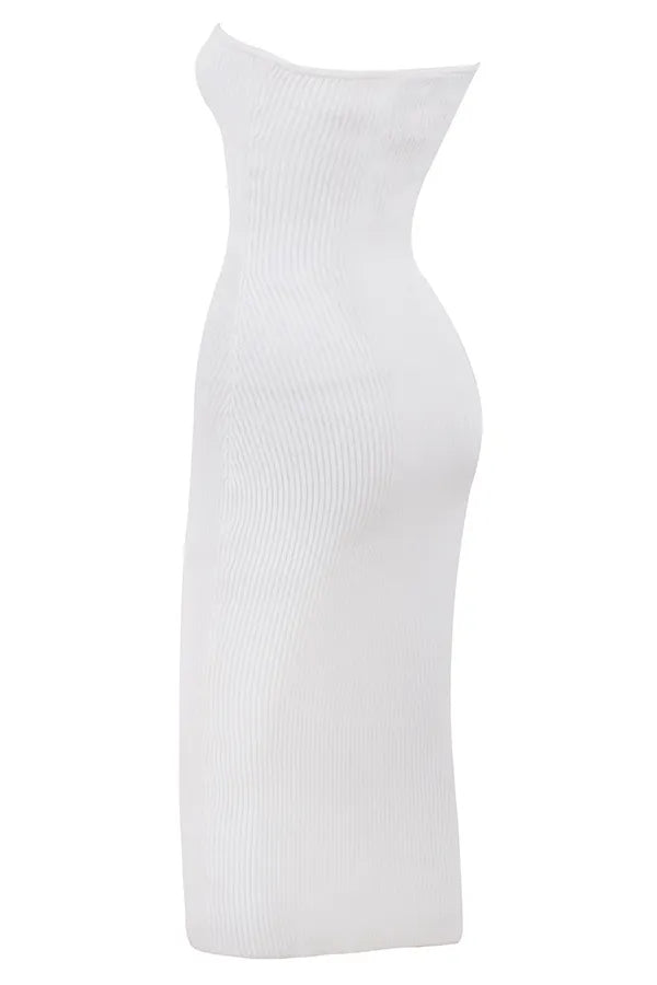 Oriana White Ribbed Knit Strapless Midi Dress