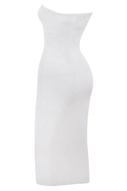 Oriana White Ribbed Knit Strapless Midi Dress