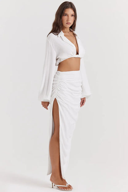 Loie White Gathered Maxi Skirt