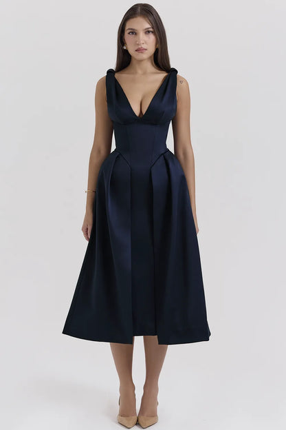 Paloma Midnight Twist Strap Satin Midi Dress