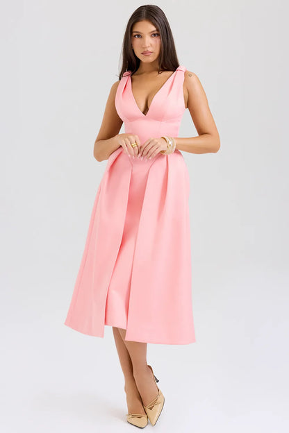 Paloma Peach Satin Pleated Midi Dress