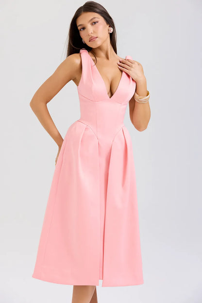 Paloma Peach Satin Pleated Midi Dress