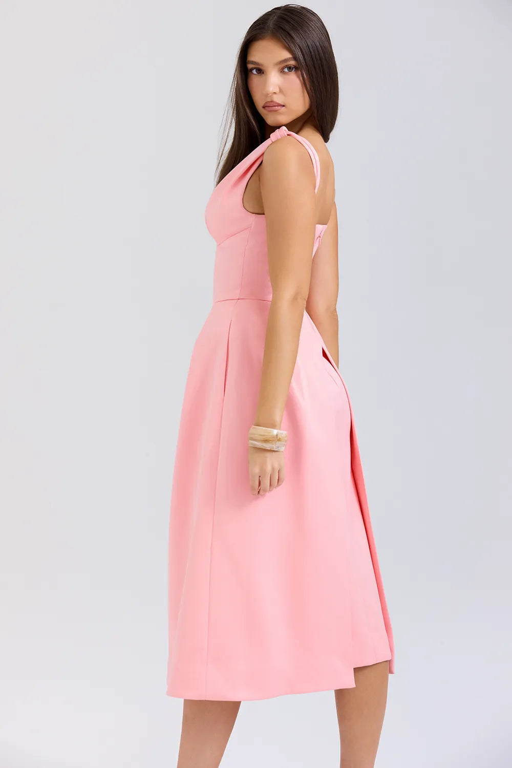 Paloma Peach Satin Pleated Midi Dress