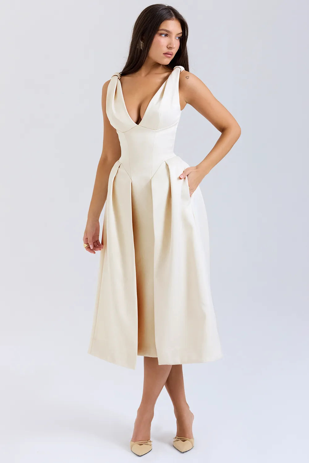 Paloma Vintage Cream Satin Pleated Midi Dress
