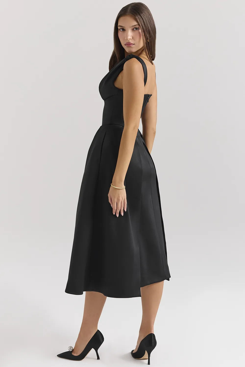Paloma Black Satin Twist Strap Midi Dress