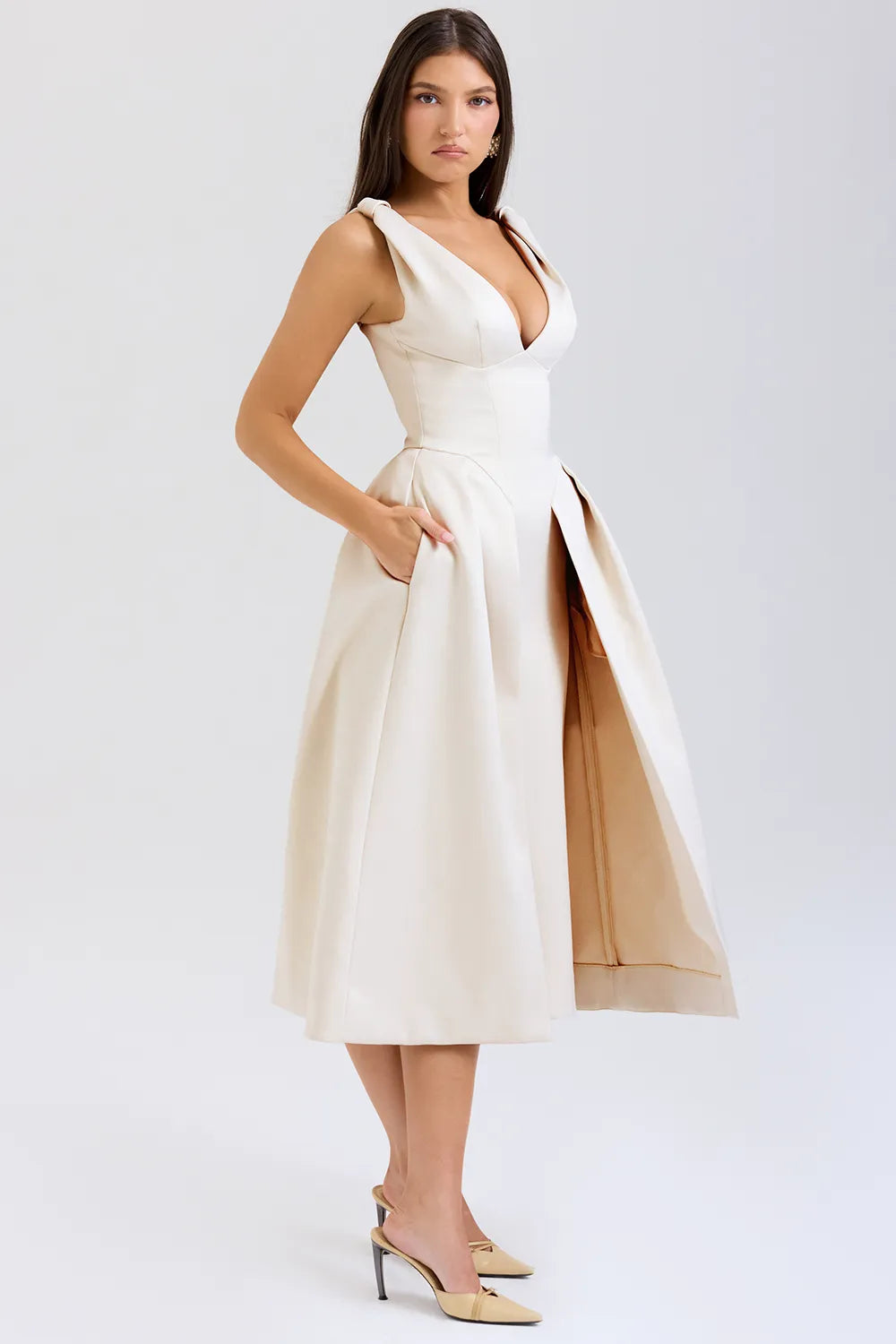 Paloma Vintage Cream Satin Pleated Midi Dress
