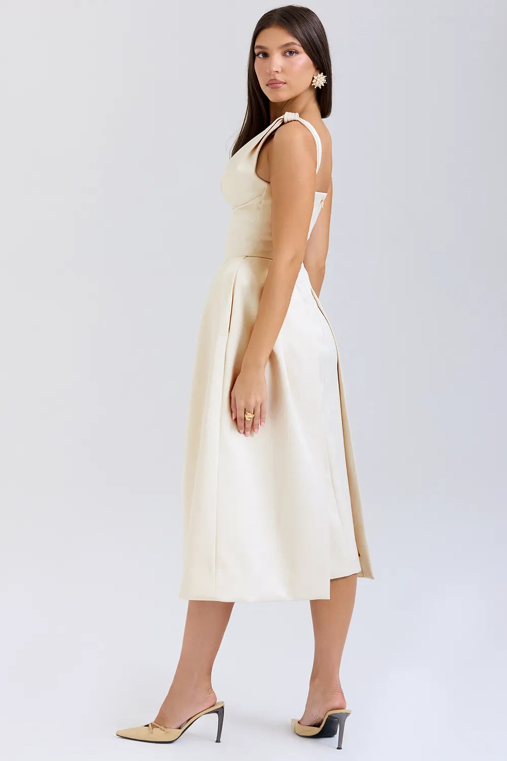 Paloma Vintage Cream Satin Pleated Midi Dress