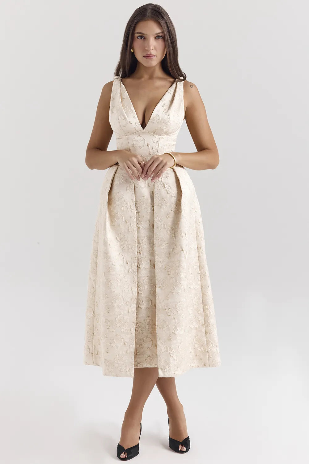 Paloma Ivory Metallic Jacquard Midi Dress