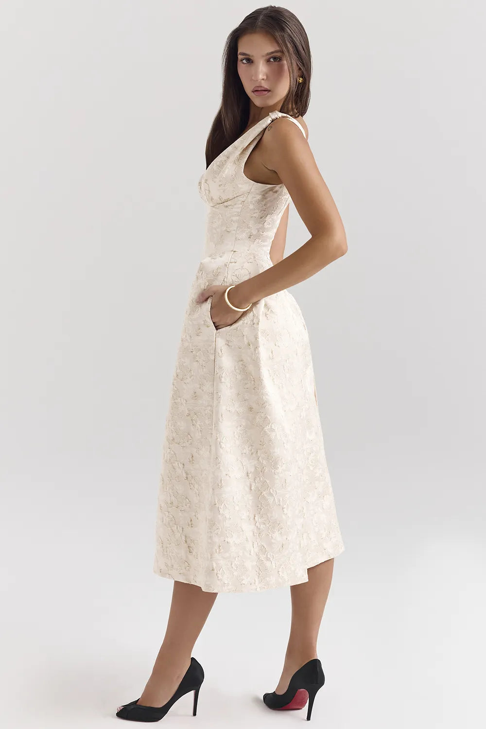 Paloma Ivory Metallic Jacquard Midi Dress
