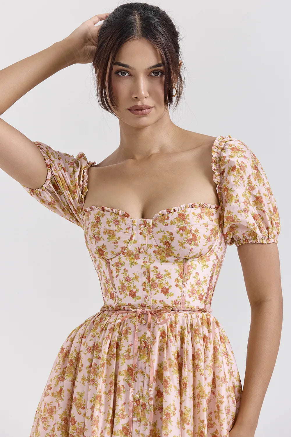 Penelope Peach Poppy Print Puff Sleeve Midi Sundress