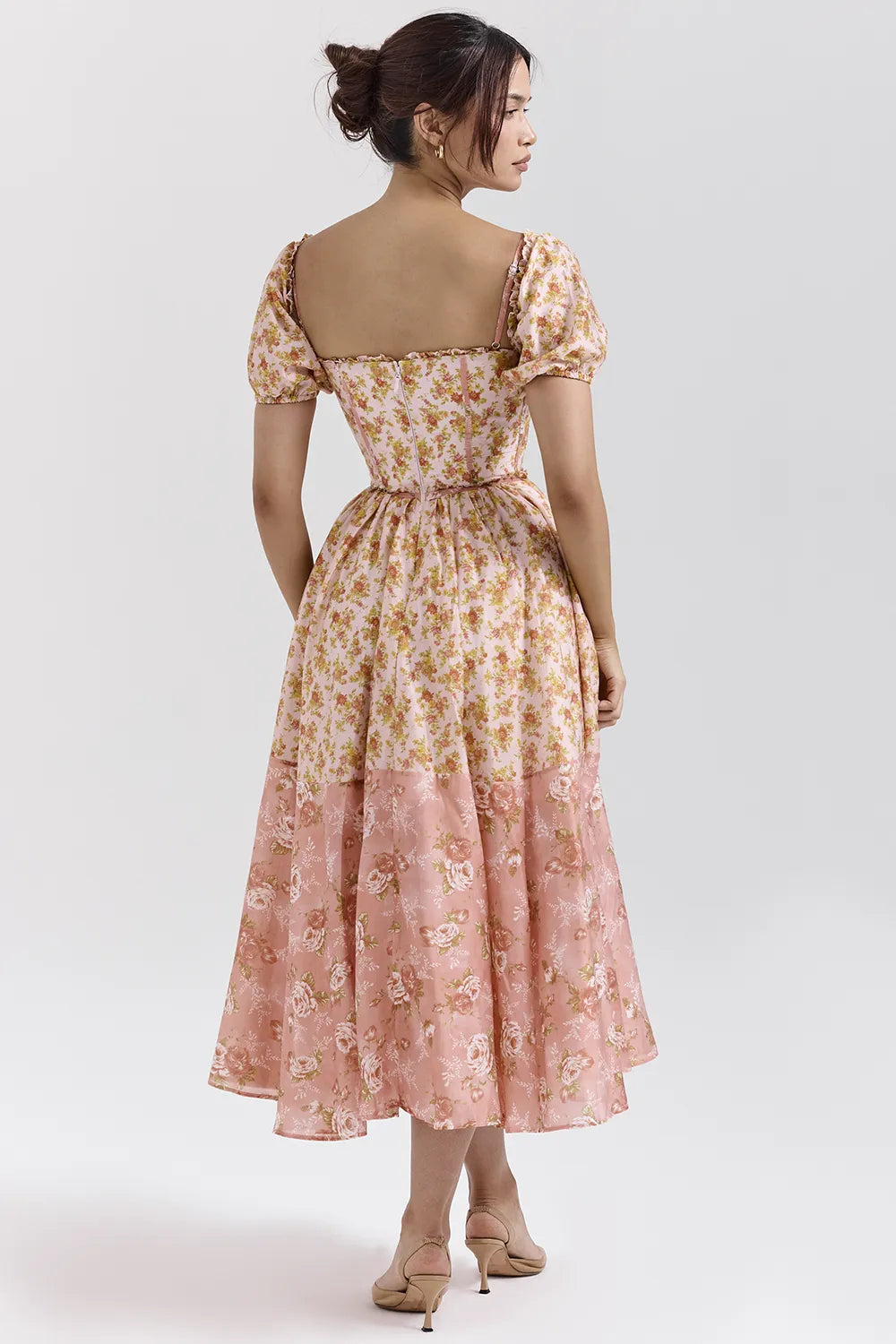 Penelope Peach Poppy Print Puff Sleeve Midi Sundress