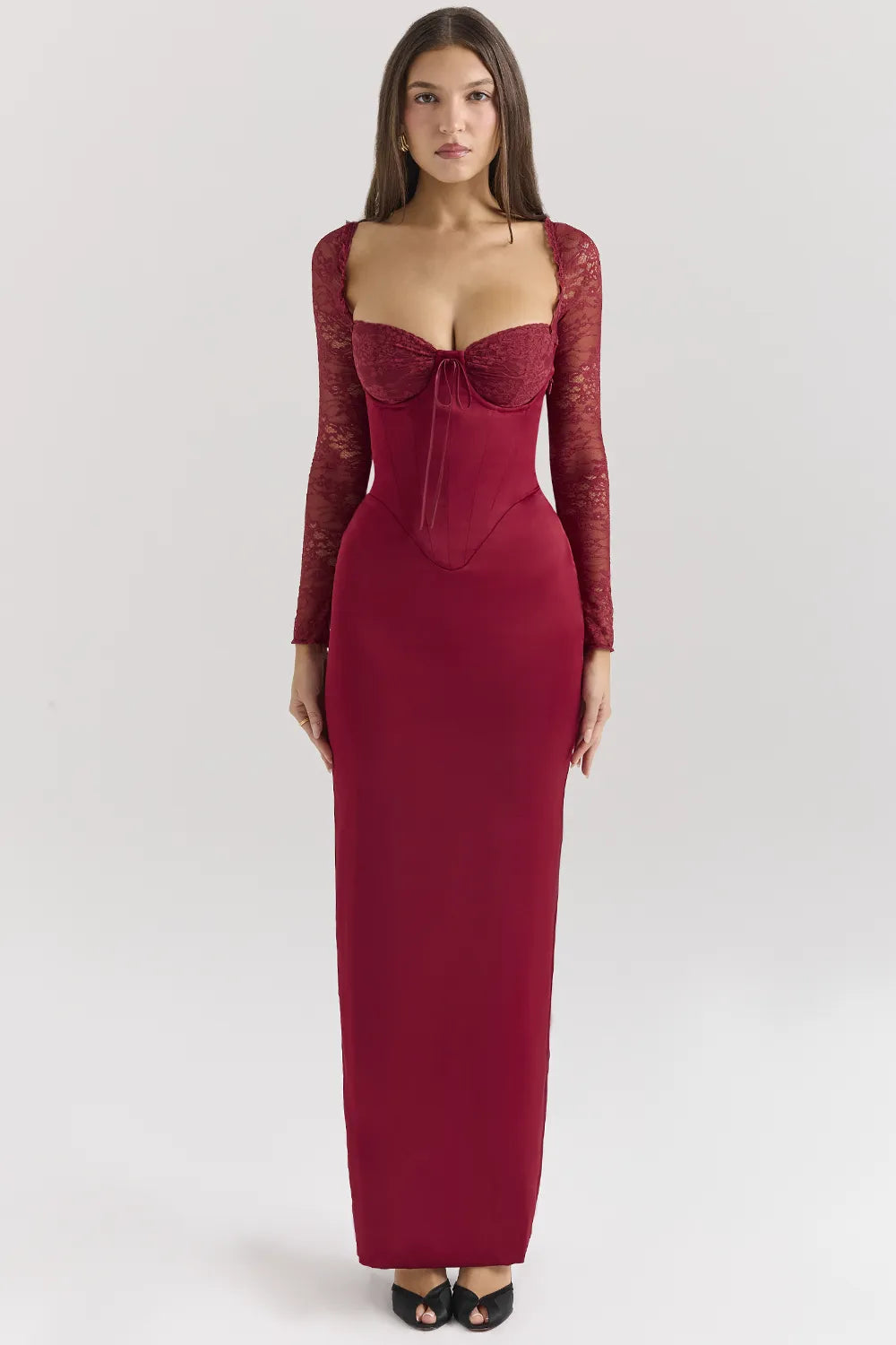 Perdi Berry Satin Maxi Dress with Corset