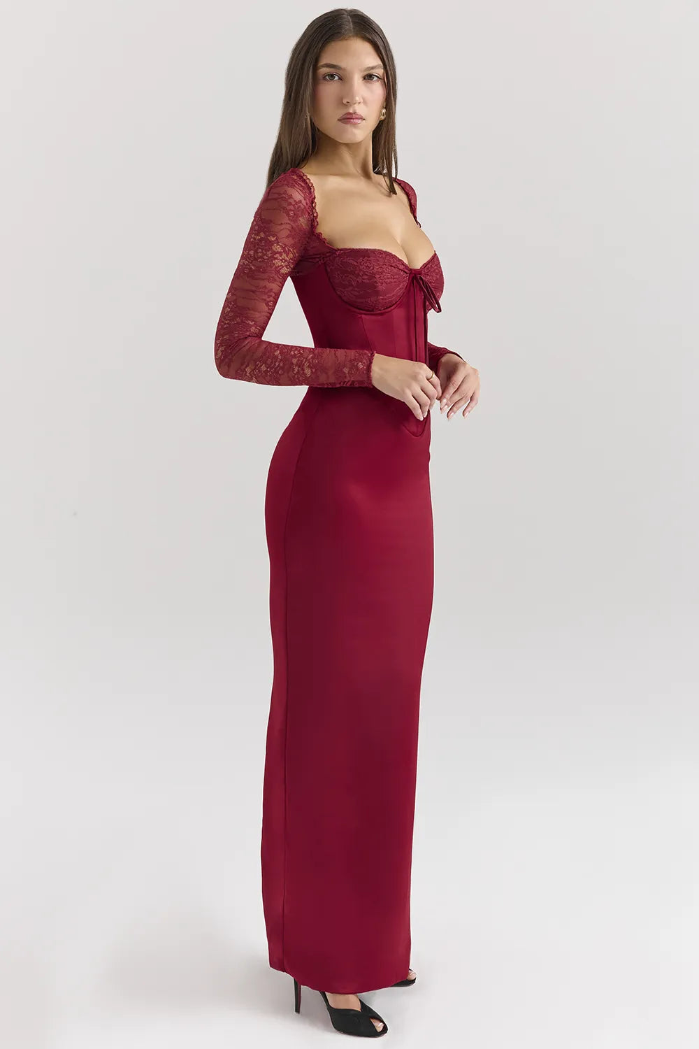 Perdi Berry Satin Maxi Dress with Corset