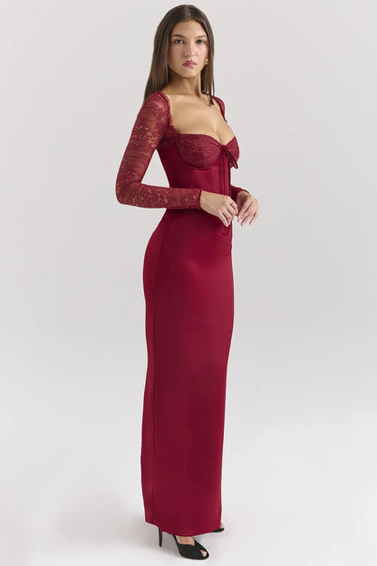 Perdi Berry Satin Maxi Dress with Corset