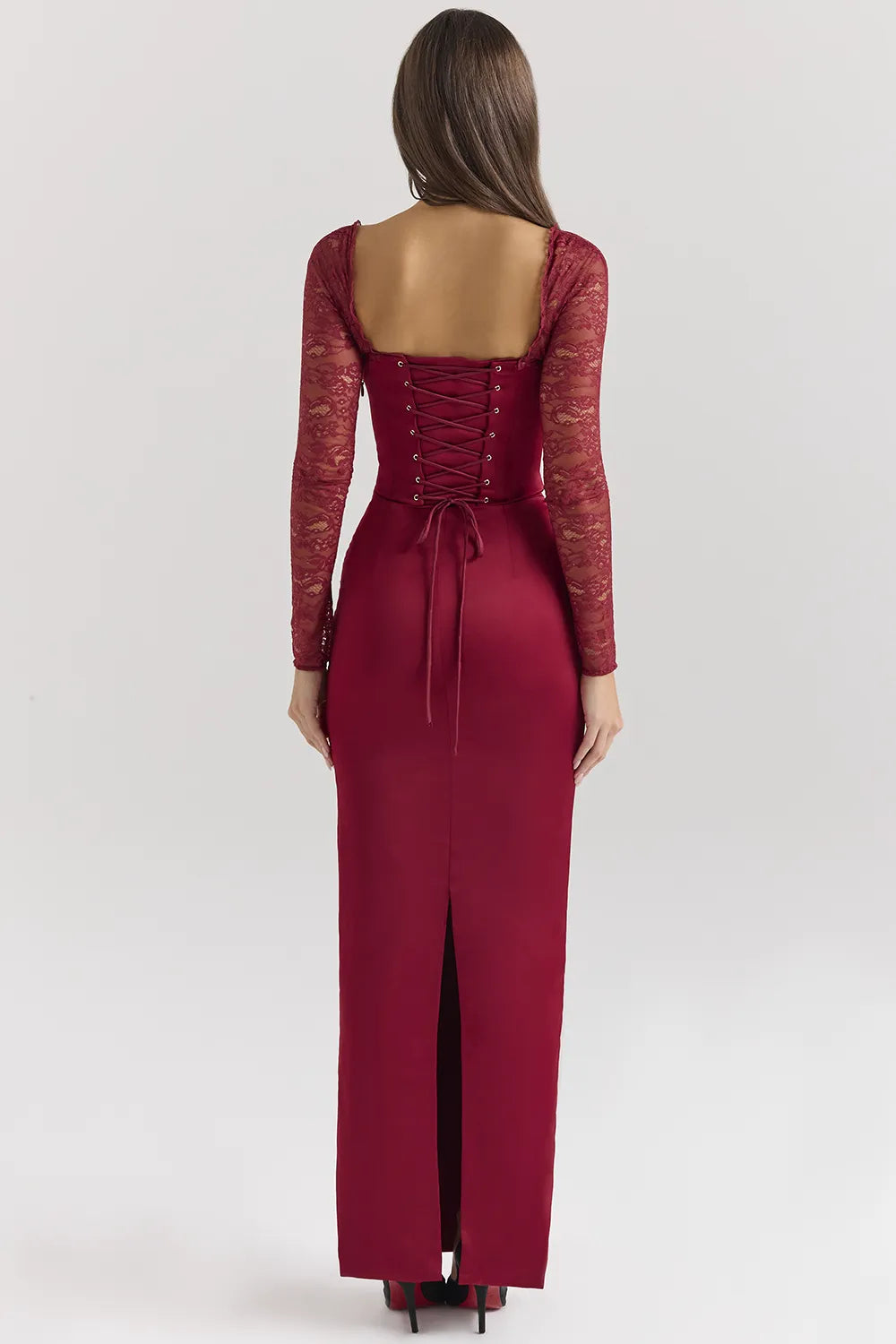 Perdi Berry Satin Maxi Dress with Corset