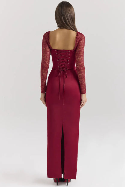 Perdi Berry Satin Maxi Dress with Corset