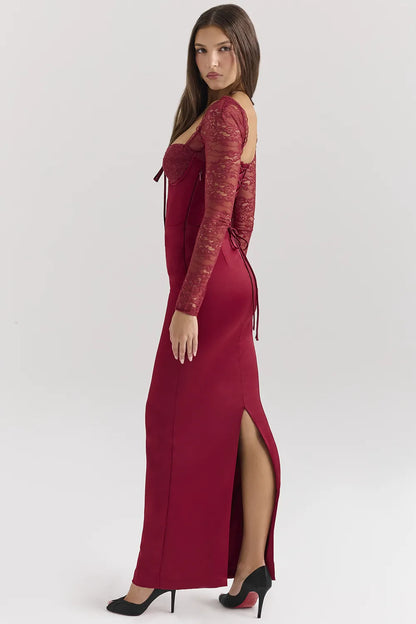 Perdi Berry Satin Maxi Dress with Corset