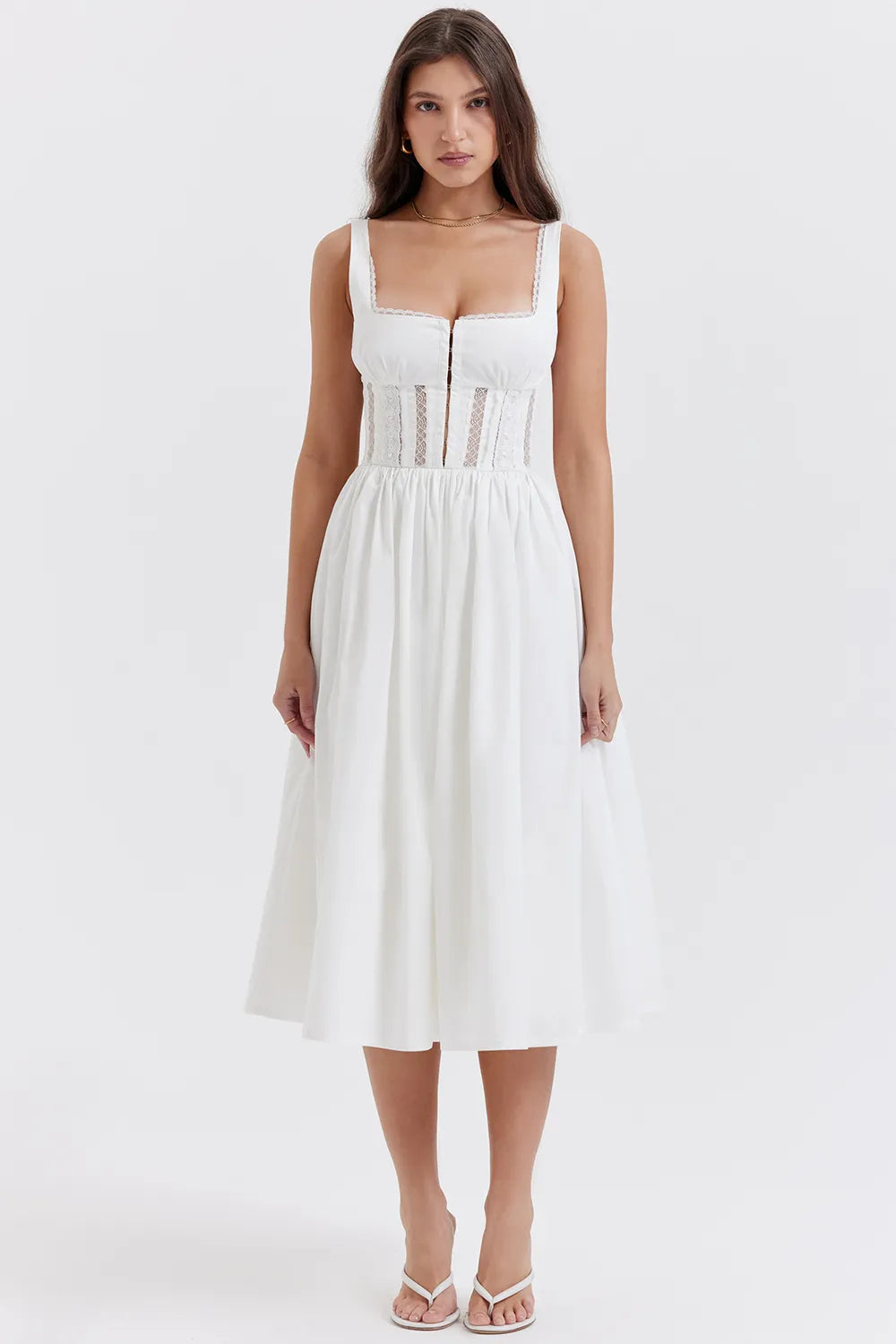 Perle White Lace Trim Midi Dress