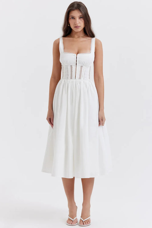 Perle White Lace Trim Midi Dress