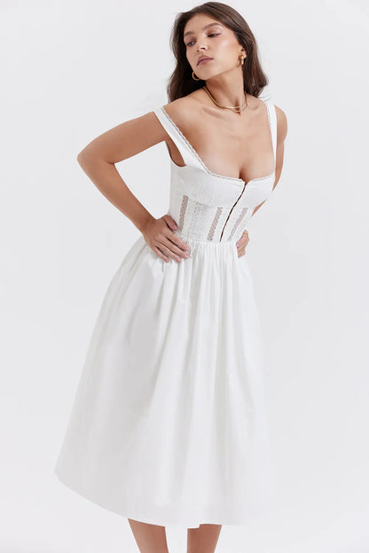 Perle White Lace Trim Midi Dress