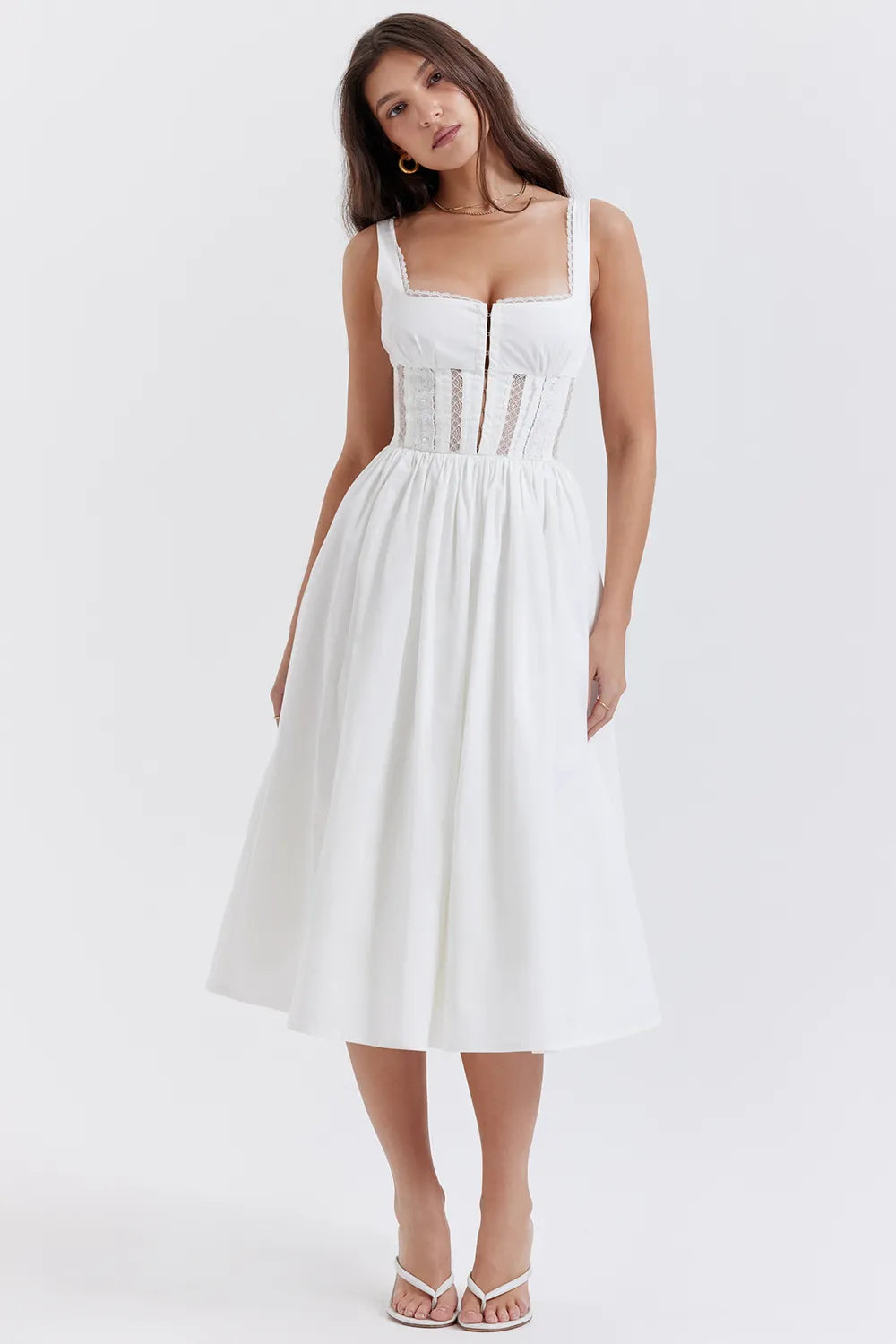 Perle White Lace Trim Midi Dress