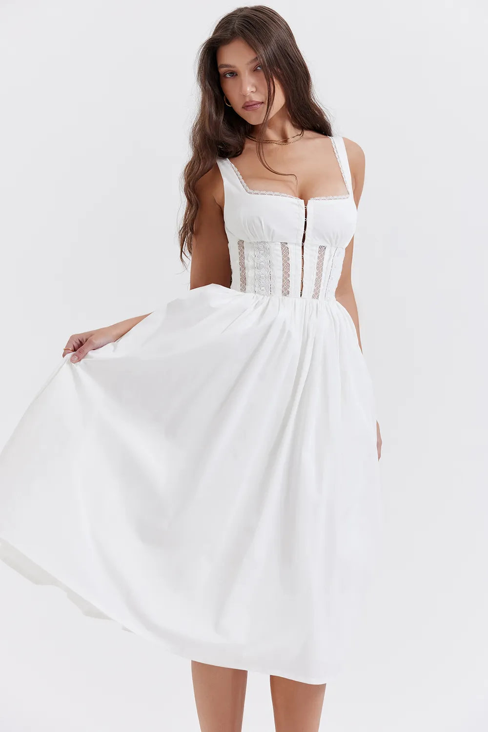 Perle White Lace Trim Midi Dress