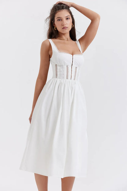 Perle White Lace Trim Midi Dress