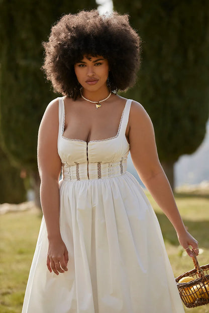 Perle White Lace Trim Midi Dress