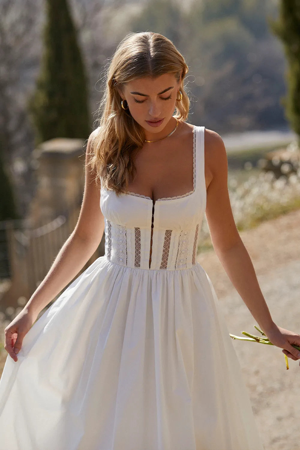 Perle White Lace Trim Midi Dress