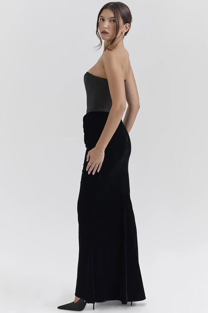Persephone Black Velvet Strapless Corset Maxi Dress