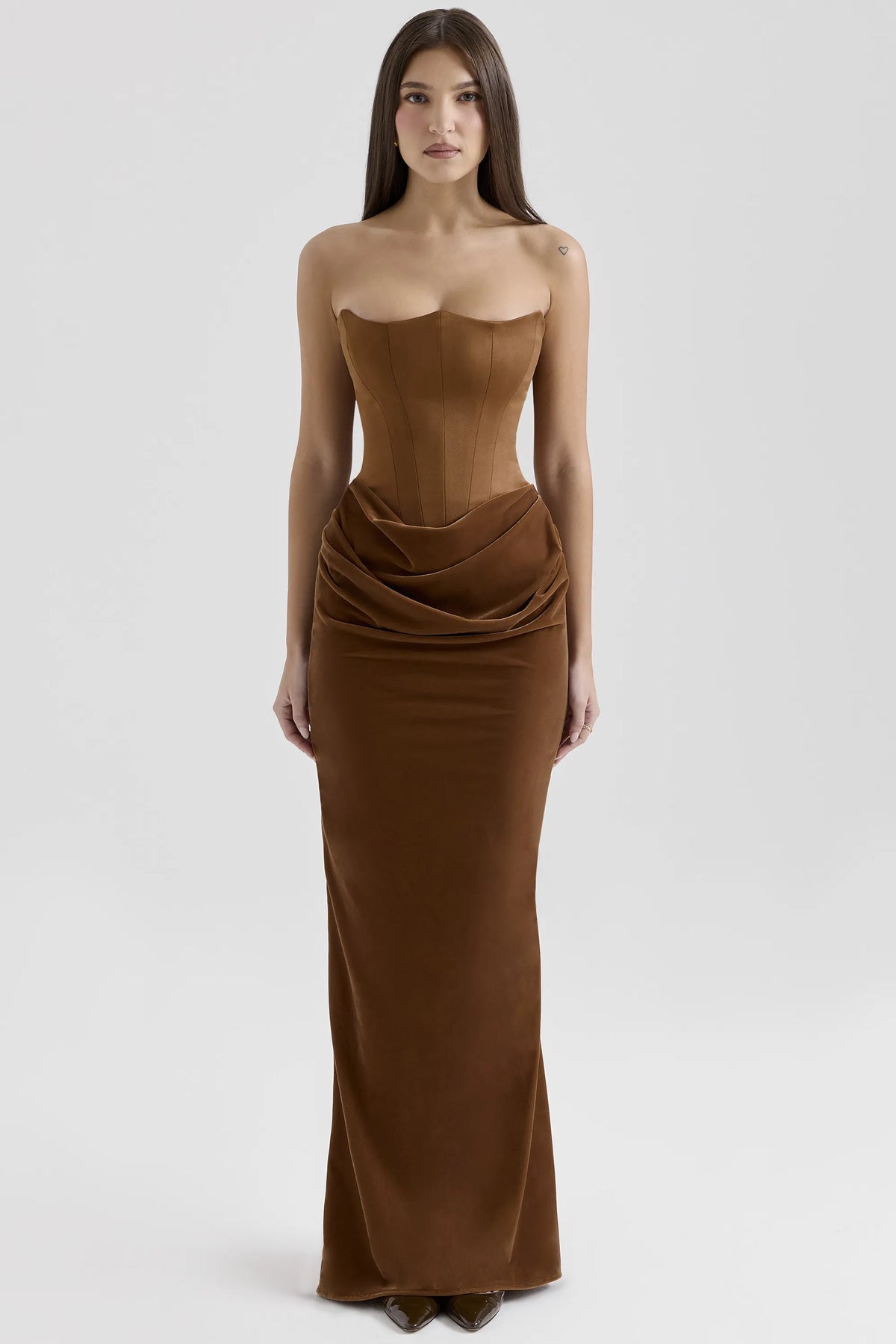 Persephone Coffee Velvet Strapless Corset Maxi Dress